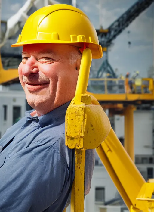 Image similar to closeup portrait of cheerful homer simpson as a crane operator, yellow hardhat, sitting in a crane, natural light, bloom, detailed face, magazine, press, photo, steve mccurry, david lazar, canon, nikon, focus