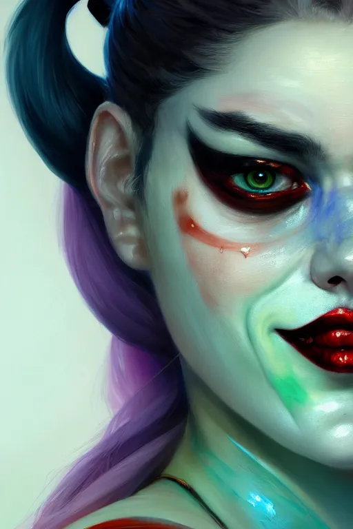 Image similar to ultra detailed close up facial portrait of harley quinn, green eyes, sharp bone structure, extremely detailed digital painting, in the style of fenghua zhong and ruan jia and jeremy lipking and peter mohrbacher, mystical colors, rim light, beautiful lighting, 8 k, stunning scene, raytracing, octane, trending on artstation