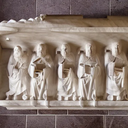 Image similar to top down view the sarcophagus of the medieval king danny devito, carved in alabaster, church interior, hd