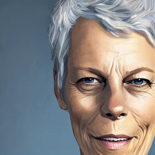 Image similar to jamie lee curtis, tired, intelligent, powerful, white hair, loving eyes, fully clothed wise, beautiful, by stanley artgerm, soft lighting, trending on artstation, flat colour, geometric curves on iceland mountains