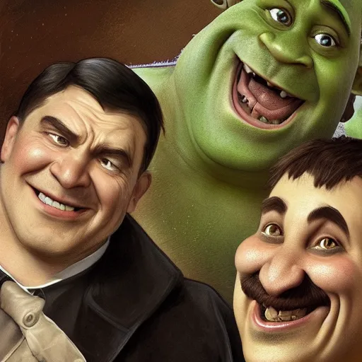 Image similar to Beautiful face Portrait of Shrek and Adolf Hitler drinking together and laughing, powerful , magic, thunders, dramatic lighting, intricate, wild, highly detailed, digital painting, artstation, concept art, smooth, sharp focus, illustration, art by artgerm and greg rutkowski and alphonse mucha, found footage