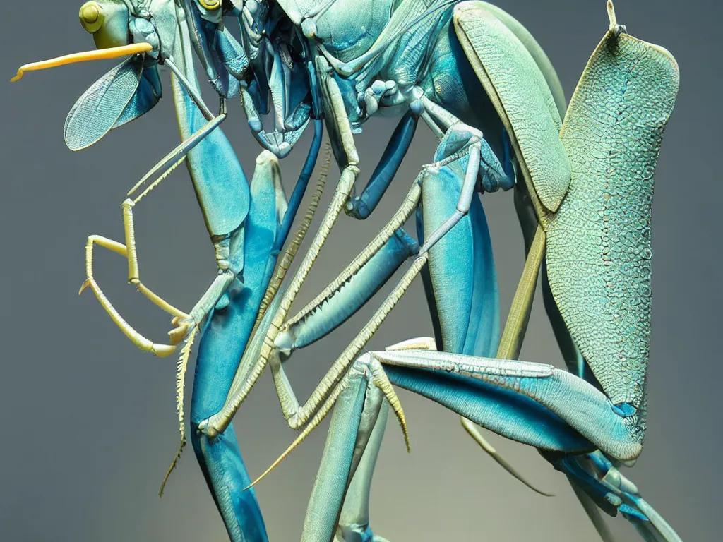 Prompt: close - up of a blue praying mantis. orchid mantis standing. petri dish art. subsurface scattering, translucency, backlit, diffused, smooth. studio photography high quality highly detailed award winning photograph by national geographic, by slim aarons. complementary color scheme. ( sculpture by antonio canova )