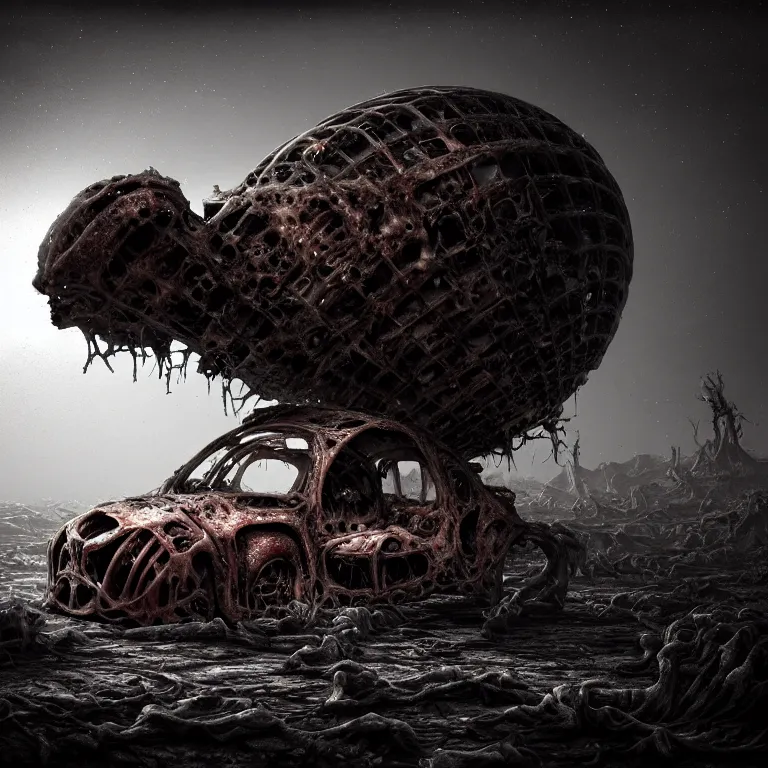 Image similar to ribbed abandoned biomechanical organic crashed car wreck on exoplanet at night, in a desolate empty wasteland, covered with organic flesh, meat, creepy, nightmare, dream-like heavy atmosphere, surreal abandoned buildings, baroque painting, beautiful detailed intricate insanely detailed octane render trending on Artstation, 8K artistic photography, photorealistic, chiaroscuro, cinematic volumetric light, Raphael, Caravaggio, Beksinski, Giger