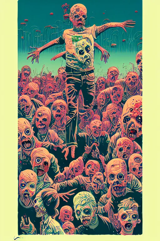 Image similar to risograph of zombies in a field, tristan eaton, victo ngai, artgerm, rhads, ross draws, intricated details