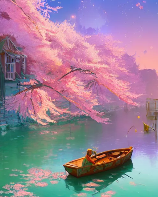 Prompt: a small fishing village on the river | cherry - blossoms | highly detailed | very intricate | serene romantic fantasy whimsical magical | professional cinematic lighting | pixar | award - winning | matte painting by anton fadeev and paul lehr and rhads and alena aenami | pastel color palette | featured on artstation