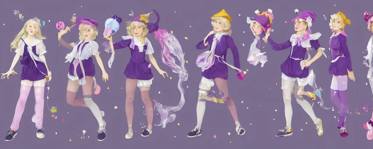 Image similar to A character sheet of full body cute magical girls with short blond hair wearing an oversized purple Beret, Purple overall shorts, Short Puffy pants made of silk, pointy jester shoes, a big billowy scarf, and white leggings. Rainbow accessories all over. Flowing fabric. Covered in stars. Short Hair. Art by Johannes Helgeson and william-adolphe bouguereau and Paul Delaroche and Alexandre Cabanel and Lawrence Alma-Tadema and WLOP and Artgerm. Fashion Photography. Decora Fashion. harajuku street fashion. Kawaii Design. Intricate, elegant, Highly Detailed. Smooth, Sharp Focus, Illustration Photo real. realistic. Hyper Realistic. Sunlit. Moonlight. Dreamlike. Fantasy Concept Art. Surrounded by clouds. 4K. UHD. Denoise.