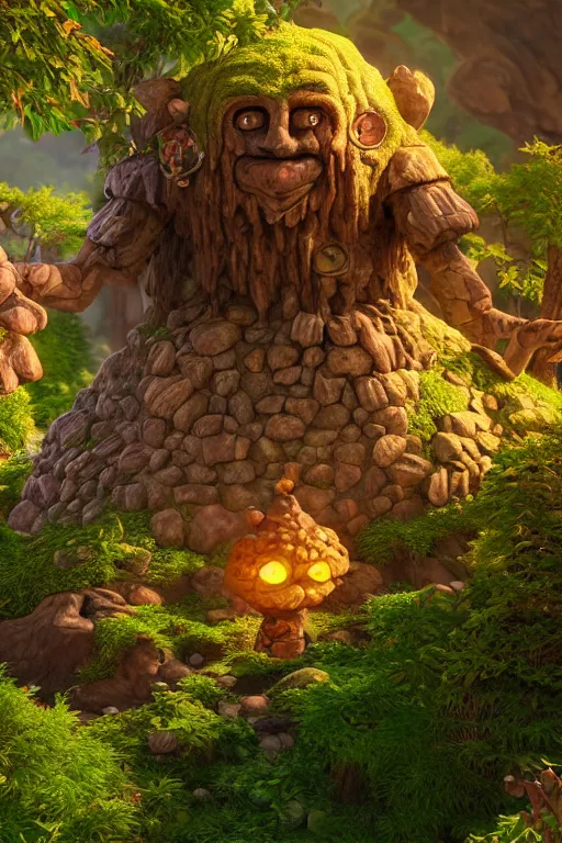 Image similar to zelda fantasy art giant golem troll wood rock greeble gemstone enchanted forest, global illumination ray tracing hdr fanart arstation by sung choi and eric pfeiffer and gabriel garza and casper konefal bastion forged hardmesh lisa frank zbrush central radiating a glowing aura global illumination ray tracing hdr