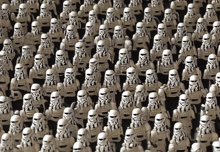 Prompt: a medieval tapestry of an army of storm troopers standing in ranks aboard a star destroyer