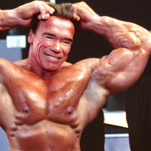 Image similar to arnold schwarzenegger as a thick pork sausage