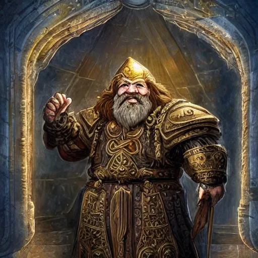 Prompt: a dwarven king he was on carven throne, in many - pillared halls of stone, with golden roof and silver floor, and runes of power upon the door, the light of sun and star and moon in shining lamps of crystal hewn, fantasy, intricate detail