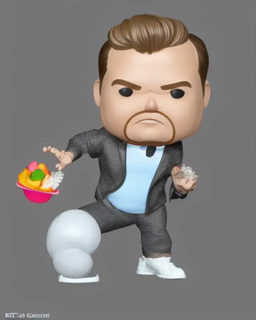 Image similar to full body 3d render of James Corden as a funko pop, studio lighting, white background, blender, trending on artstation, 8k, highly detailed