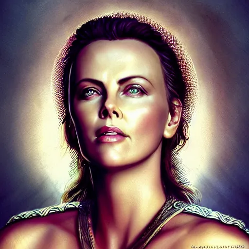 Image similar to “ majestic gracious regal deity charlize theron portrait, ancient greece, atmospheric lighting, painted, intricate, volumetric lighting, beautiful, rich deep colours masterpiece, golden hour, sharp focus, ultra detailed, by leesha hannigan, ross tran, thierry doizon, kai carpenter, ignacio fernandez rios ”