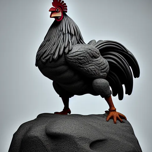 Prompt: a powerful musculin rooster rock statue that looks like a creative / designer, hasselblad photo, 8 k resolution, octane render, character design, digital art