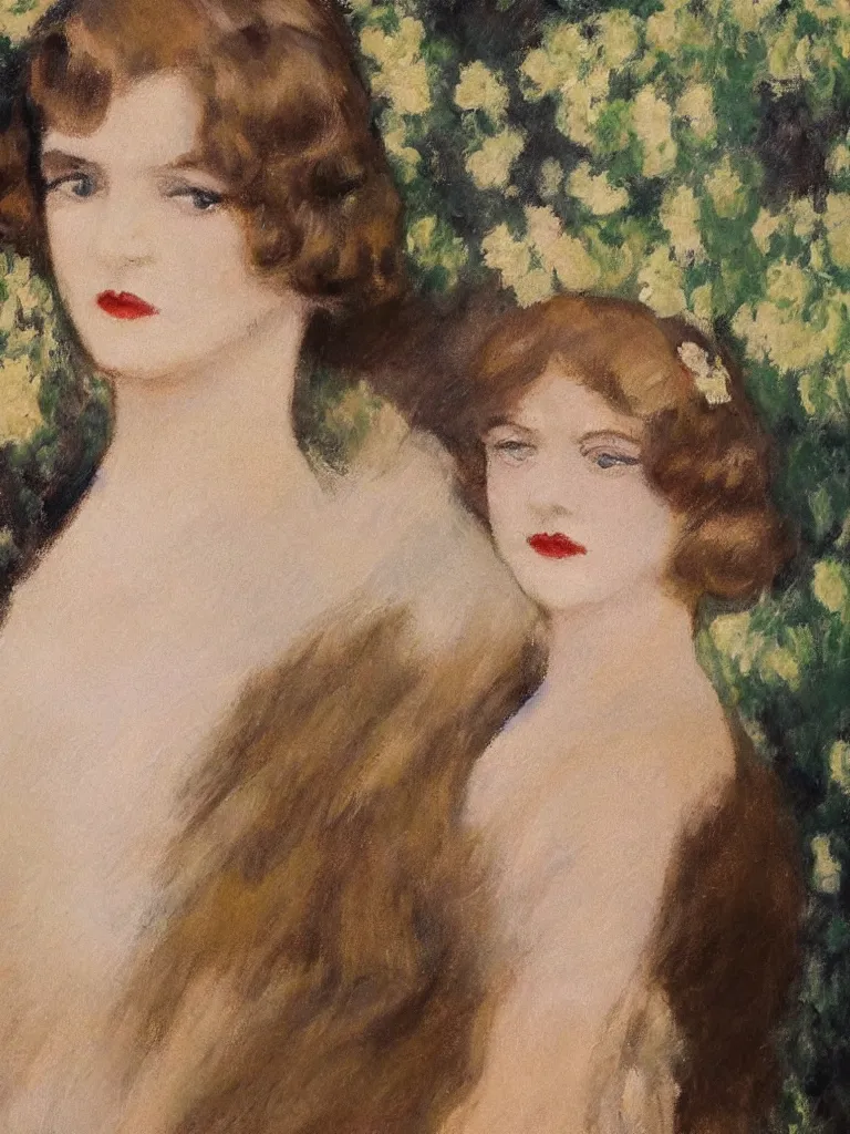 Image similar to portrait of < zelda fitzgerald > as a beautiful young lady wearing 1 9 2 0 s fashion, blurry face, brown hair, slim, fair, severe out of focus, depth of field, pleinairism, in the sun, backlit, closeup, oil on canvas, atr by monet, in the style of le promenade, smooth, impressionnisme, 8 k