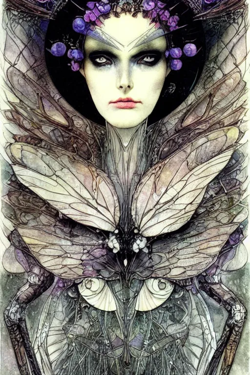 Image similar to dark fairy face closeup surrounded circular frame of insect wings, art by luis royo and walter crane and kay nielsen, watercolor illustration, ultra sharp focus