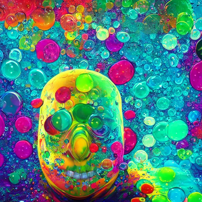 Prompt: illustration of a colorful melting human head. acrylic bubbles and flowers, ferrofluids, water distortions. intricate abstract. intricate artwork. beeple