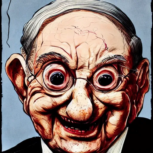 Image similar to George Soros by Ralph Steadman, illustration, body horror, biopunk