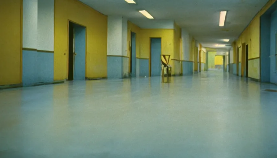 Image similar to 60s movie still of a sovietic stalinist style empty hospital corridor with light yellow tiles floor, cinestill 800t 50mm eastmancolor, liminal Space style, heavy grain-s 150