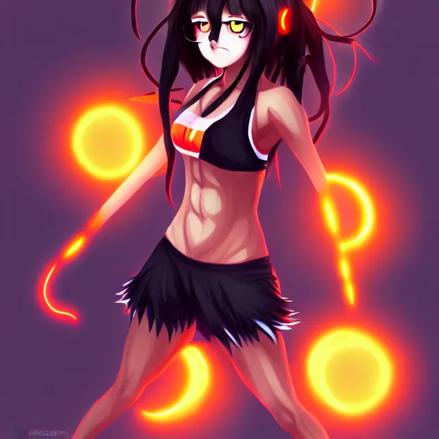 Image similar to an athletic anime wolfgirl girl with claws, dark charcoal skin, shaggy black hair and glowing orange eyes, digital art, pixiv, gorgeous, breathtaking fantasy art, masterpiece.