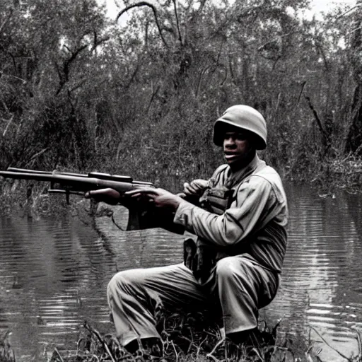 Prompt: american soldier in the swamps of louisiana in the 1 9 5 0 s holding an m 1 garand photograph