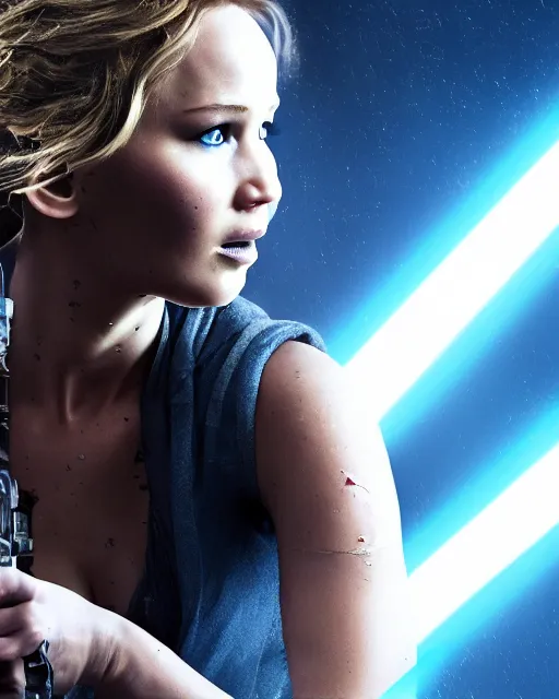 Prompt: jennifer lawrence, battle scared with ripped and damaged clothes, as a jedi holding up a blue lightsaber, very dark background, official new star wars episode xi movie poster from lucas arts, perfect symmetrical face, moody lighting, 8 k, shallow depth of field, intricate detail,