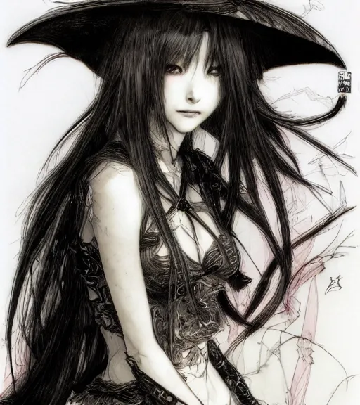 Prompt: portrait of anime japanese succubus with long hair wearing a witch hat, cute face, pen and ink, intricate line drawings, by yoshitaka amano, craig mullins, ruan jia, kentaro miura, greg rutkowski, loundraw