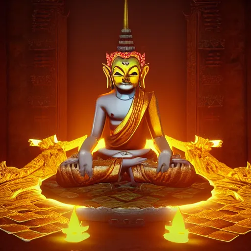 Image similar to naraka buddhist demon korean female, smooth, detailed, glowing in gold, cinematic sparks, unreal engine 5