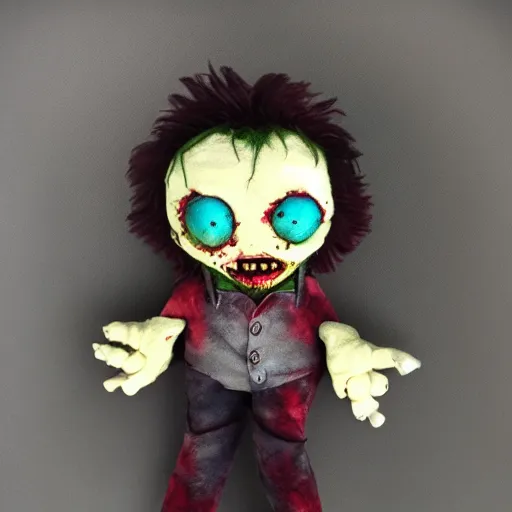 Image similar to a zombie plush. beautifully made, detailed, cute, soft. high quality, studio lighting, product image