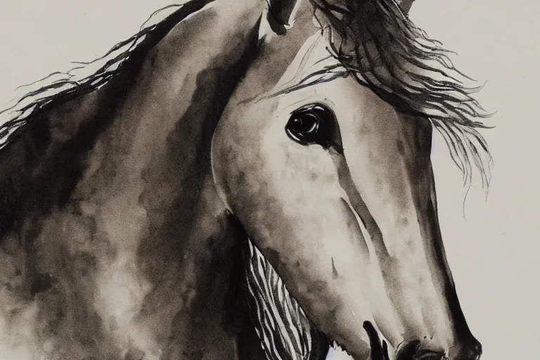 Image similar to serene horse, ink aribrush painting on white background