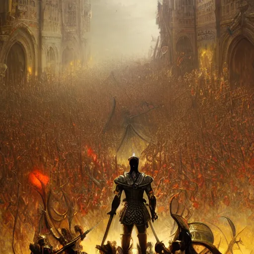 Image similar to artstation concept of a man in armor standing in a crowd gettig cheered, man with arms wide open, bright colorful, gold, hyperdetailed, artstation trending, world renowned artists, worth 1 0 0 0. com, historic artworks society, antique renewel, cgsociety, by greg rutkowski, by gustave dore, deviantart