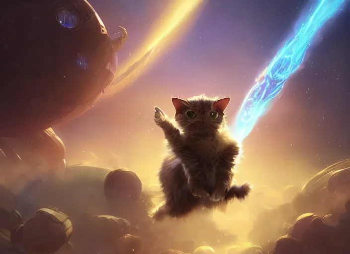 Image similar to a space cat staring role in a musical sci - fi space opera ghibli animated film, volumetric lighting, octane render by stanley artgerm lau, greg rutkowski, thomas kindkade, alphonse mucha, loish, norman rockwel,