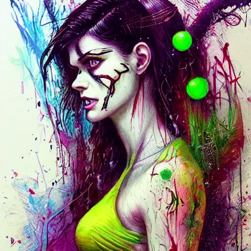 Image similar to a Demon Slayer portrait of Alexandra Daddario, tall, pale-skinned, slender with lime green eyes and long eyelashes by Stanley Artgerm, Tom Bagshaw, Arthur Adams, Carne Griffiths, trending on Deviant Art, street art, face enhance, chillwave, maximalist, full of color, glittering