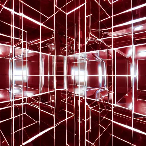 Prompt: chrome spheres on a red cube, room of mirrors