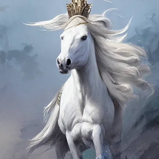 Image similar to a white horse The one who rode him carried arrows and a bow in his hand, and they gave him a crown, digital Art, Greg rutkowski Trending artstation