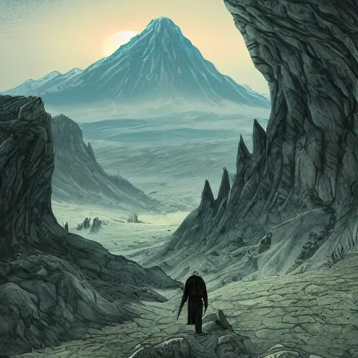 Image similar to man with scars exploring a land where he got a mountain like the mordor to explore, gege akutami style, overdetailed art, realistic, colorfull,