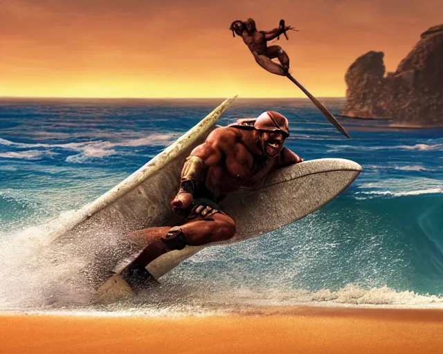 Image similar to single spartan with surfing on australian beach, epic award winning action cinematic still from the movie 3 0 0, 8 k, global illumination, detailed face, muscles, rim highlights, hyper realistic, stunning waves, happy vibes