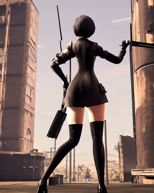 Image similar to 2B from Nier Automata and with slender body type standing in front of a large building holding a pistol, GTA 5 loading screen cover, 8k