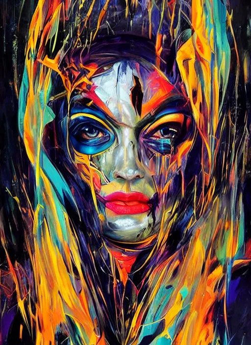 Prompt: abstract expressionist tripping magic cult psychic woman, painted face, third eye, energetic consciousness psychedelic, epic surrealism expressionism symbolism, story telling, iconic, dark robed, oil painting, symmetrical face, dark myth mythos, by sandra chevrier, bruce pennington, joan mitchell masterpiece