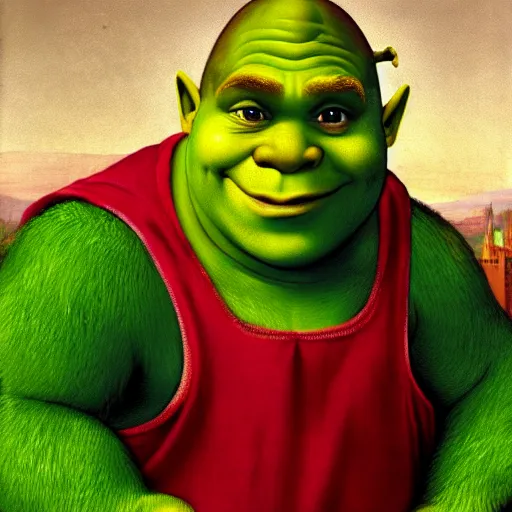 Prompt: High-quality Painting of Shrek in the style of Raphael, renaissance era sfumato painting, circa 1400