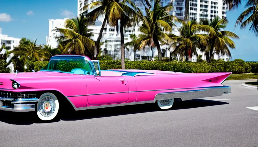 Prompt: highly detailed photograph of a 1 9 5 9 cadillac eldorado biarritz convertible, pink on a miami art deco hotel street with fat white haired women sitting inside laughing, vivid colors, 8 k resolution, hd