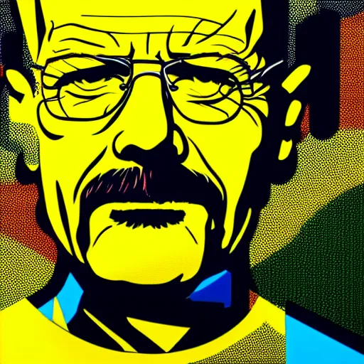 Image similar to multicolor 3 d render of walter white graffiti wearing yellow outfit by roy lichtenstein in 4 k ultra high resolution, with depressive feeling