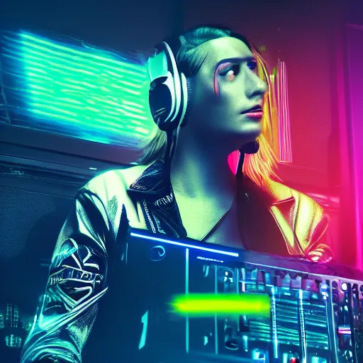 Image similar to electronic dj portrait, dj performing live streaming to online, cyberpunk 2 0 7 7, cyberpunk, photorealistic, ultra detailed, neon, octane, bokeh, cinematic lighting, cyber, cyberpunk city, headphones, studio quality, feature, scars, cyberface, 8 k