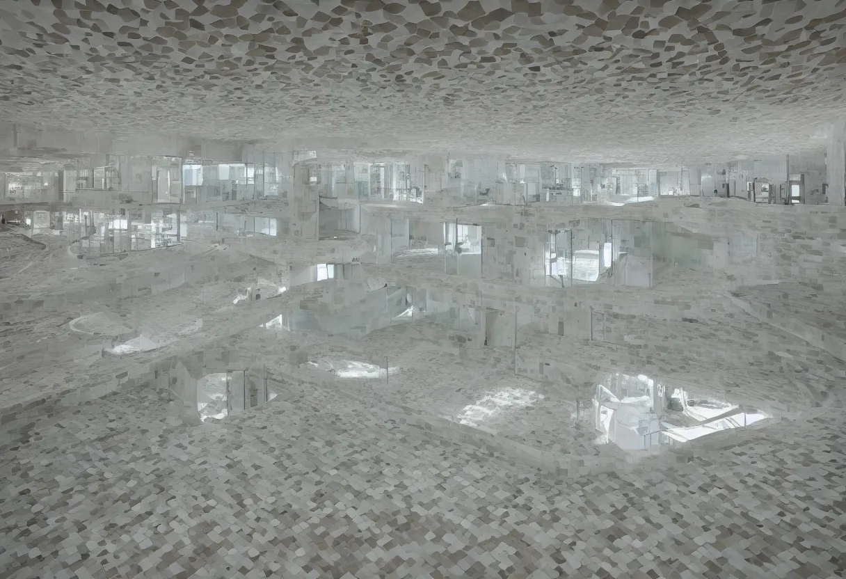 Prompt: expansive complex of interconnected rooms and corridors slightly submerged in undulating, lukewarm water. Each area of the level varies greatly in size and structure, ranging from uniform pools and hallways to more open, abnormally-shaped areas. The walls, ceilings, and floors of the level all appear to be constructed from the same white ceramic tile, with the only deviation from this color being the blue-green hue of the water. 4k, HD, photorealistic