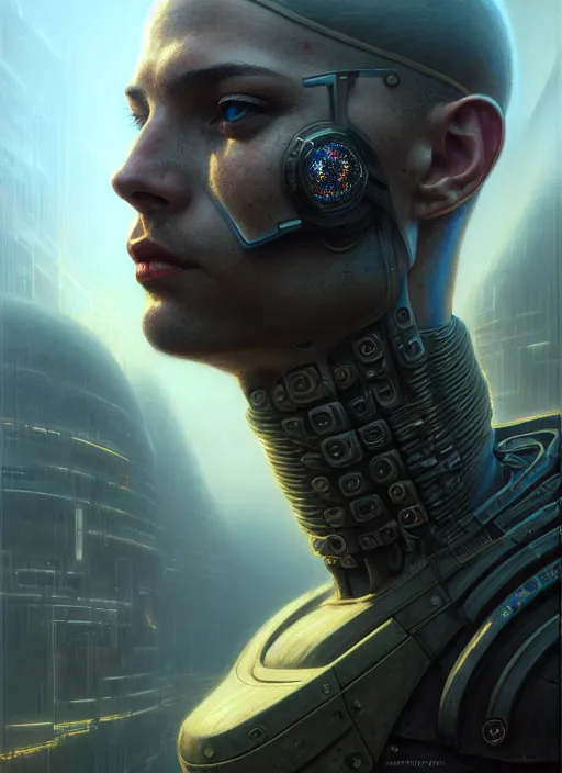 Prompt: closeup portrait shot of a cyberpunk soldier in a scenic dystopian environment, intricate, elegant, highly detailed, centered, digital painting, artstation, concept art, smooth, sharp focus, illustration, artgerm, tomasz alen kopera, peter mohrbacher, donato giancola, joseph christian leyendecker, wlop, boris vallejo