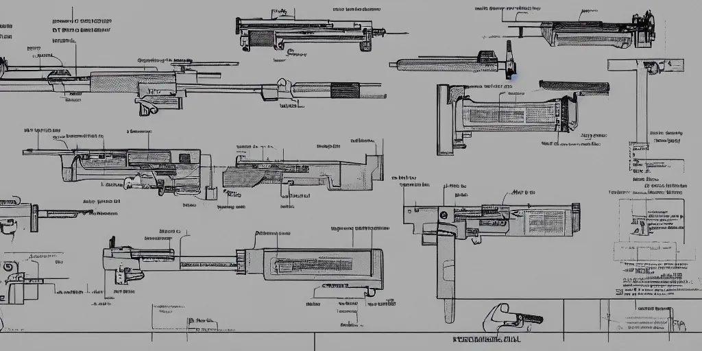 Prompt: detailed technical drawings of weapon assembly instructions