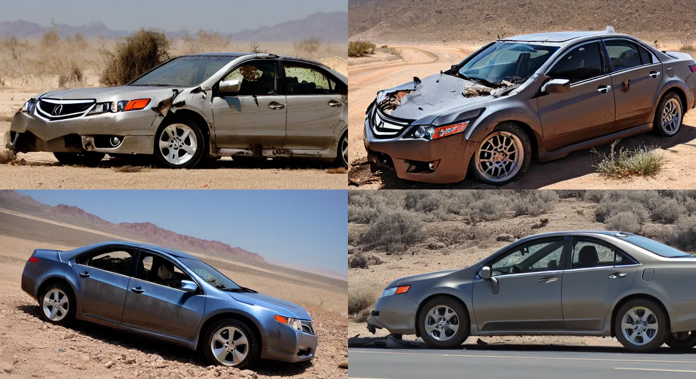 Prompt: a wrecked 2 0 1 1 acura tsx v 6, abandoned in a desert, dusty, damaged, some rust