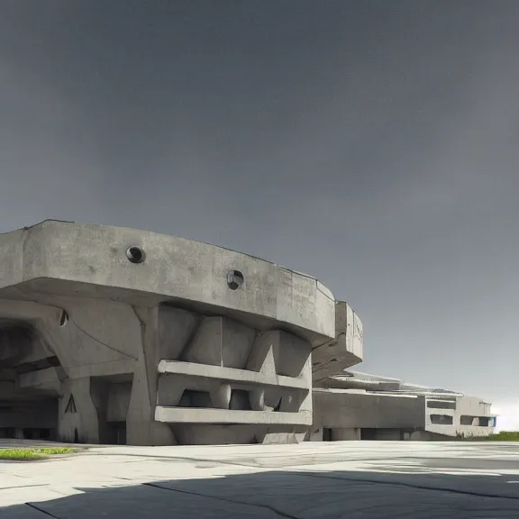 Image similar to sci fi utopian far future research facility exterior, brutalist architecture, grand scale