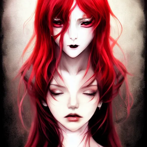 Image similar to facial portrait of a young pretty anime woman, long red hair, dark eyes, gothic eyeliner, character concept art, headshot, Charlie Bowater, Anna Dittmann, WLOP, Rumiko Takahashi, Akihiko Yoshida, Hyung-tae Kim, alexander mcqueen, trending on Artstation