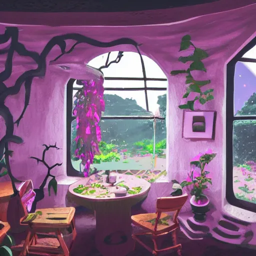 Prompt: concept art painting of a interior of a cozy alien fantasy cottage, with black vines and magenta houseplants, round windows, realistic, detailed, cel shaded, dark, in the style of makoto shinkai and greg rutkowski and james gurney