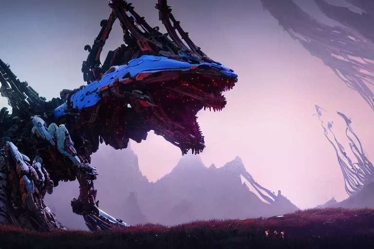 Image similar to wide epic shot. a hyper detailed fanghorn evangelion realistic mechanical and organic creature similar look as horizon forbidden west horizon zero dawn, bioluminiscence in a dark deep forest at dawn in spring, with reflection and textures, by kilian eng, substance painter reaslitic mech surface metal painted scratches, world env from horizon forbidden west horizon zero dawn